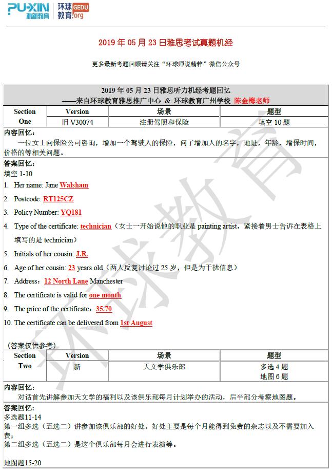 2019年5月23日雅思听力考试回忆及答案