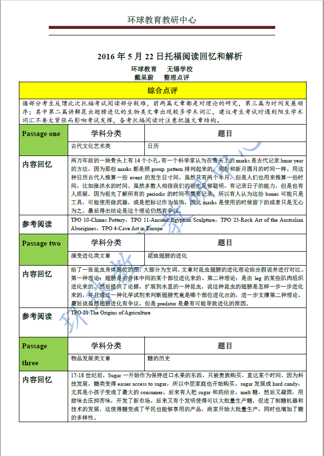 2016年 5月 22 日托福阅读回忆和解析