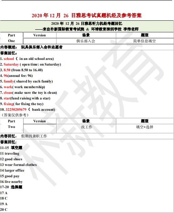 2020年12月26日雅思听力机经