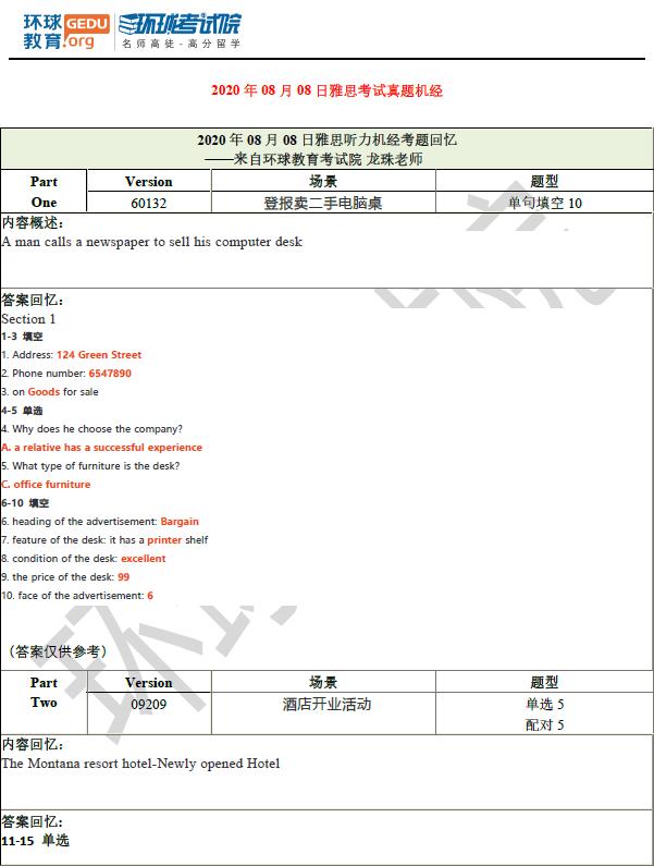 2020年8月8雅思听力机经