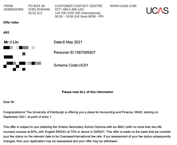 【环球OSSD高中国际部】普高黑马林同学，成功逆袭被爱丁堡大学录取！
