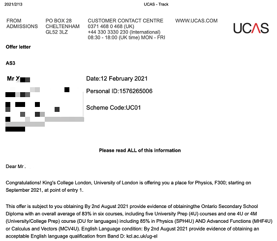 【环球OSSD高中国际部】普高黑马肖同学，伦敦国王学院offer终到手！