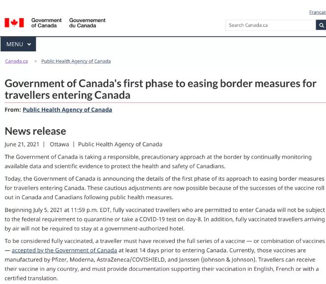重磅！加拿大宣布解封边境第1阶段！7月5日起完全接种入境者免隔离！