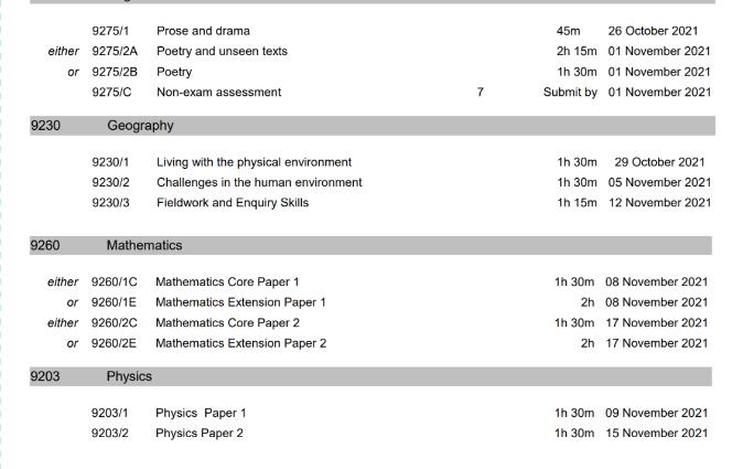 AQA国际版IGCSE：10-11月考试时间安排