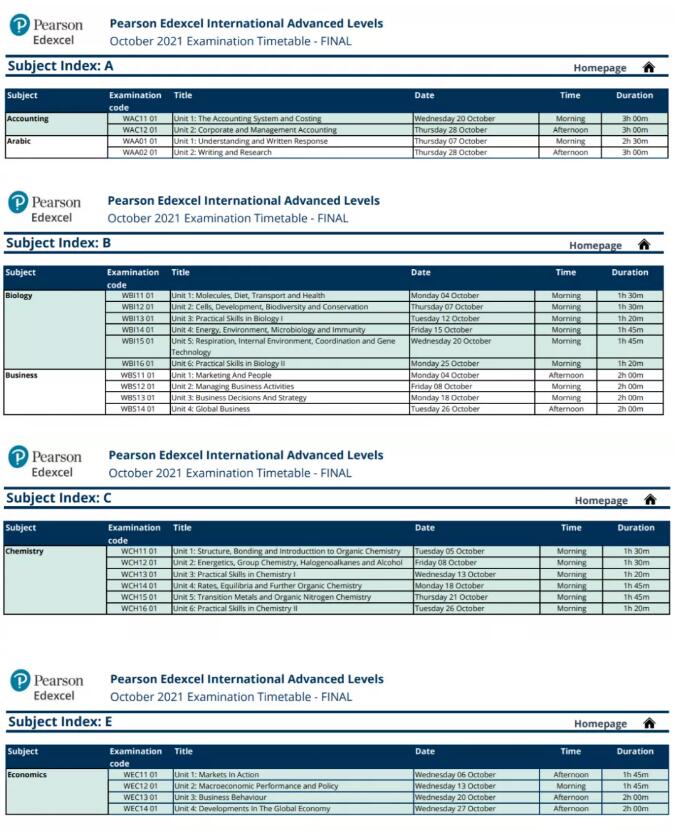 Edexcel：国际版ALevel 10-11月考试时间表