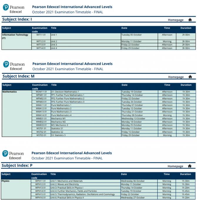 Edexcel：国际版ALevel 10-11月考试时间表