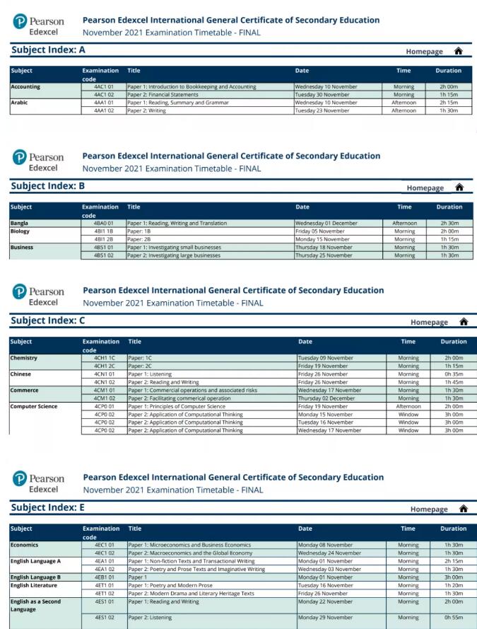 Edexcel：IGCSE 11月考试时间安排