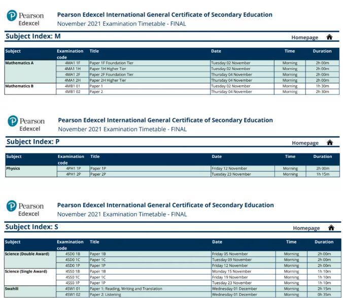 Edexcel：IGCSE 11月考试时间安排