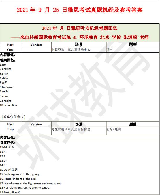 2021年9月25日雅思听力机经