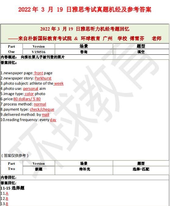 2022年3月19日雅思听力机经