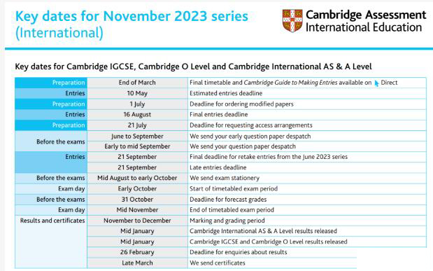 CAIE剑桥2023年10-11月Alevel/IGCSE大考Key dates报考关键日期