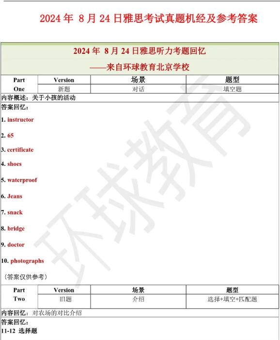 2024年8月24日雅思听力机经
