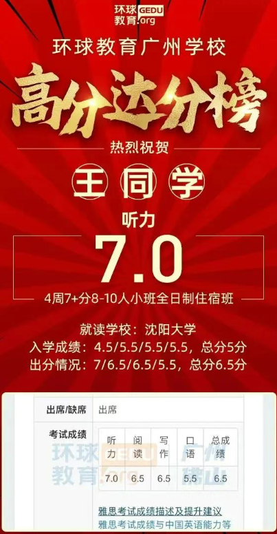 在广州环球雅思封闭班一路开挂！雅思阅读满分！雅思总分人均6.5分以上！