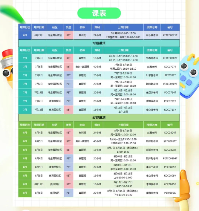 广州环球教育KET/PET 7月、8月课表已出！体育西、岗顶、淘金多个授课点