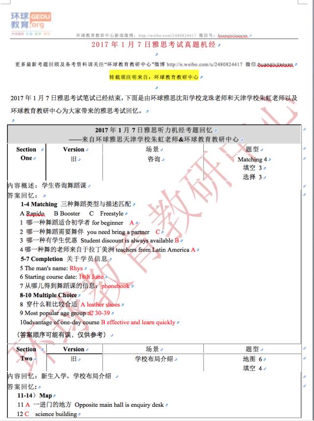 2017年1月7日雅思听力考试机经回忆