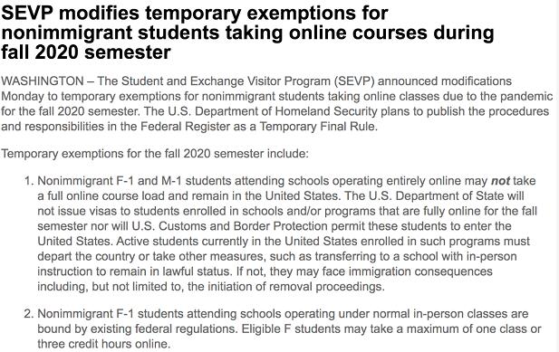 SEVP最新政策解读：完全网课的国内学生不发签证，在美国的学生必须离境！