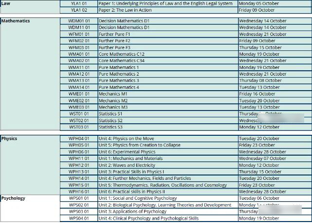 两大考试局 Edexcel爱德思和CAIE剑桥10-11月Alevel各科目考试时间汇总