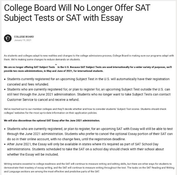 College Board官宣：SAT/SAT2写作考试取消，AP考试越发火热