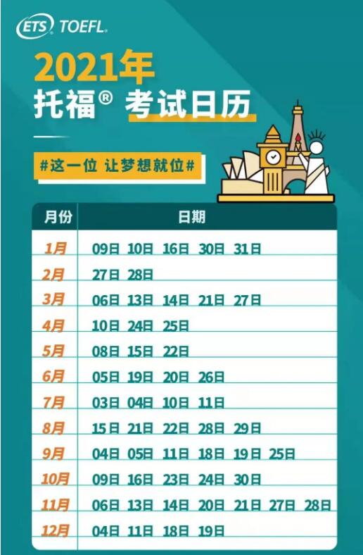 2021年托福考试时间一览表