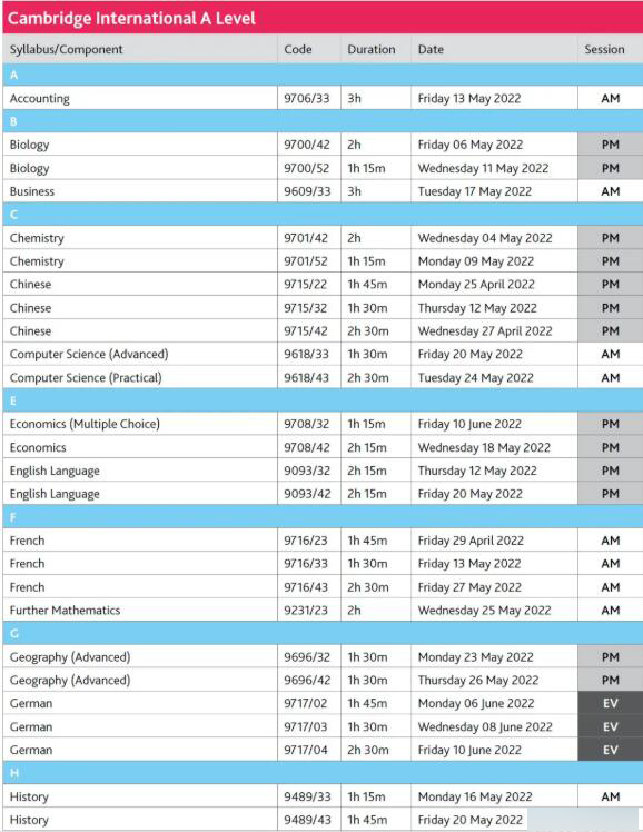 CAIE剑桥2022年5-6月IG/Alevel各科考试时间，请收藏！