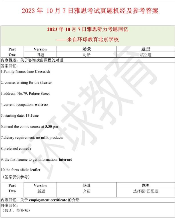 2023年10月7日雅思听力机经