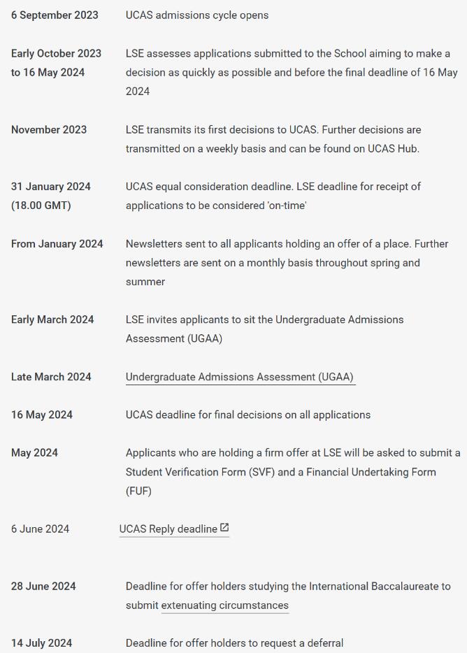 LSE伦敦政经2024本科申请季Key dates关键日期