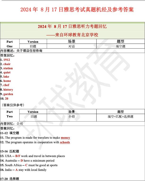 2024年8月17日雅思听力机经