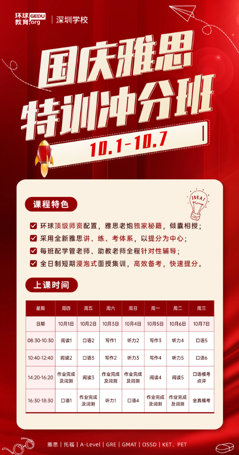7天集中冲刺,10月高效备战雅思!深圳环球雅思国庆特训冲分班火热上线! 7天集中冲刺,10月高效备战雅思!深圳环球雅思国庆特训冲分班火热上线!